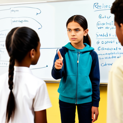 Home 4 A diverse group of middle school students, fully clothed in modest, appropriate attire, actively engaged in a collaborative problem-solving session in a modern, brightly lit classroom. One student, with a determined expression, is pointing at a diagram on a whiteboard, while others are listening and contributing ideas, showcasing resilience and a growth mindset. The atmosphere is positive and focused. Perfect anatomy, natural body proportions, well-formed hands, and correct proportions are essential. This image is safe for work, appropriate content, fully clothed, and professional.