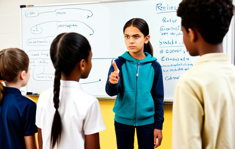 A diverse group of middle school students, fully clothed in modest, appropriate attire, actively engaged in a collaborative problem-solving session in a modern, brightly lit classroom. One student, with a determined expression, is pointing at a diagram on a whiteboard, while others are listening and contributing ideas, showcasing resilience and a growth mindset. The atmosphere is positive and focused. Perfect anatomy, natural body proportions, well-formed hands, and correct proportions are essential. This image is safe for work, appropriate content, fully clothed, and professional.