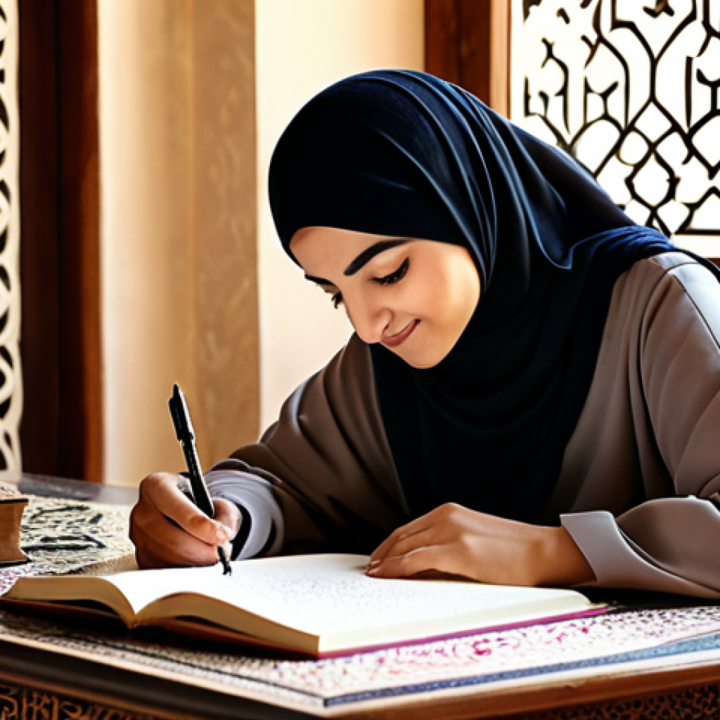 긍정심리학의 활용을 통한 건강 증진 - Daily Gratitude**

*   A cozy, sunlit study in a traditional Arabic home.  A woman in modest, profes...