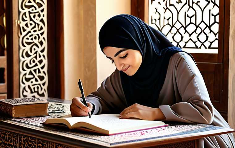 긍정심리학의 활용을 통한 건강 증진 - Daily Gratitude**

*   A cozy, sunlit study in a traditional Arabic home.  A woman in modest, profes...