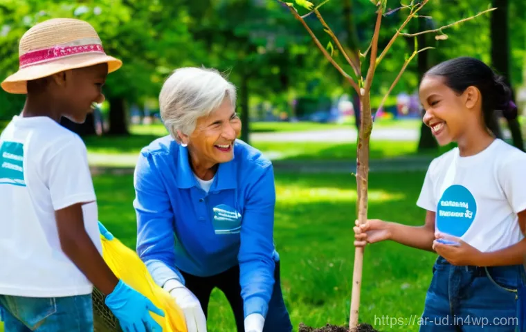 긍정심리학을 활용한 자원봉사 경험 - **Prompt: The Joy of Purposeful Giving**
    "A vibrant, eye-level shot capturing a diverse group of...