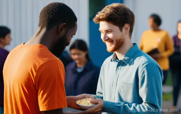 긍정심리학을 활용한 자원봉사 경험 - **Prompt: The Joy of Purposeful Giving**
    "A vibrant, eye-level shot capturing a diverse group of...
