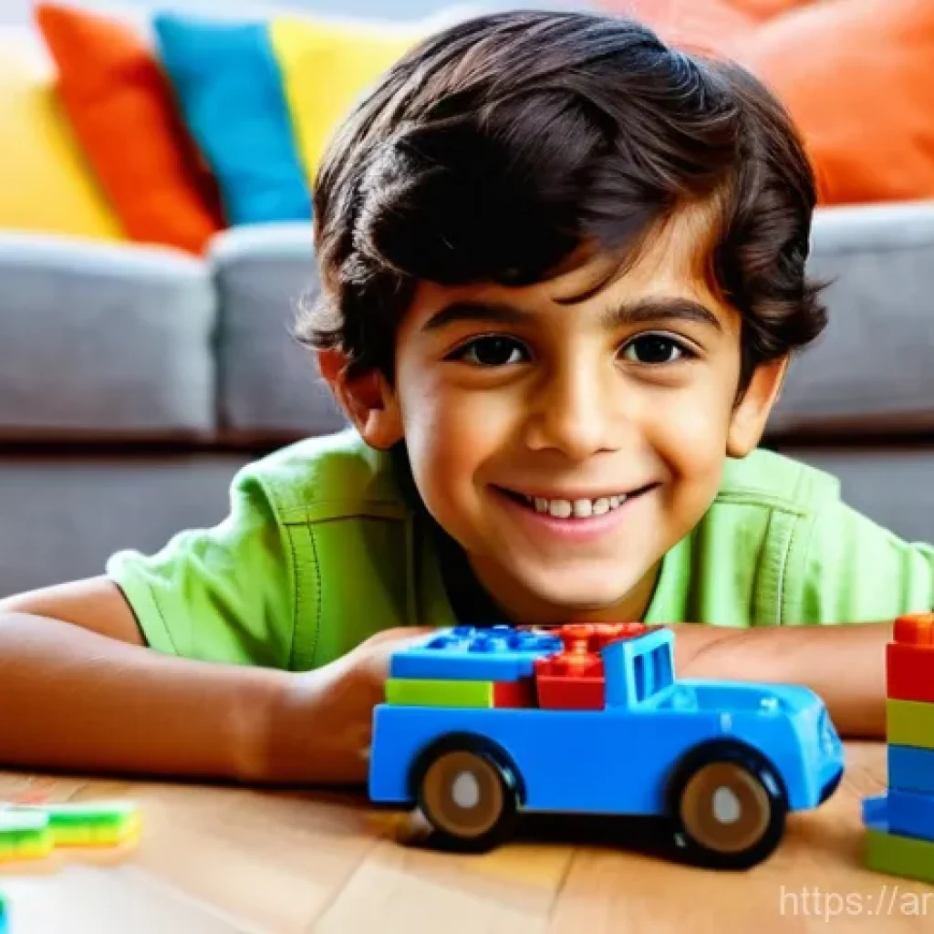 아동 발달에 있어서 긍정심리학의 적용 - A bright, candid photograph of a smiling 7-year-old Arab boy proudly looking at a re-built toy car m...