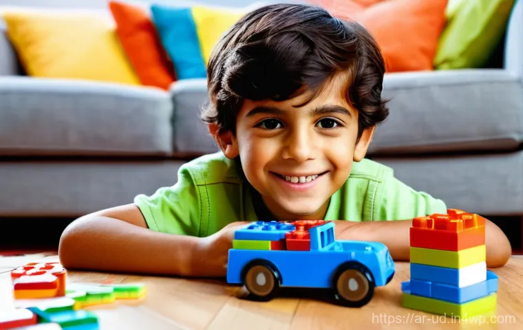 아동 발달에 있어서 긍정심리학의 적용 - A bright, candid photograph of a smiling 7-year-old Arab boy proudly looking at a re-built toy car m...