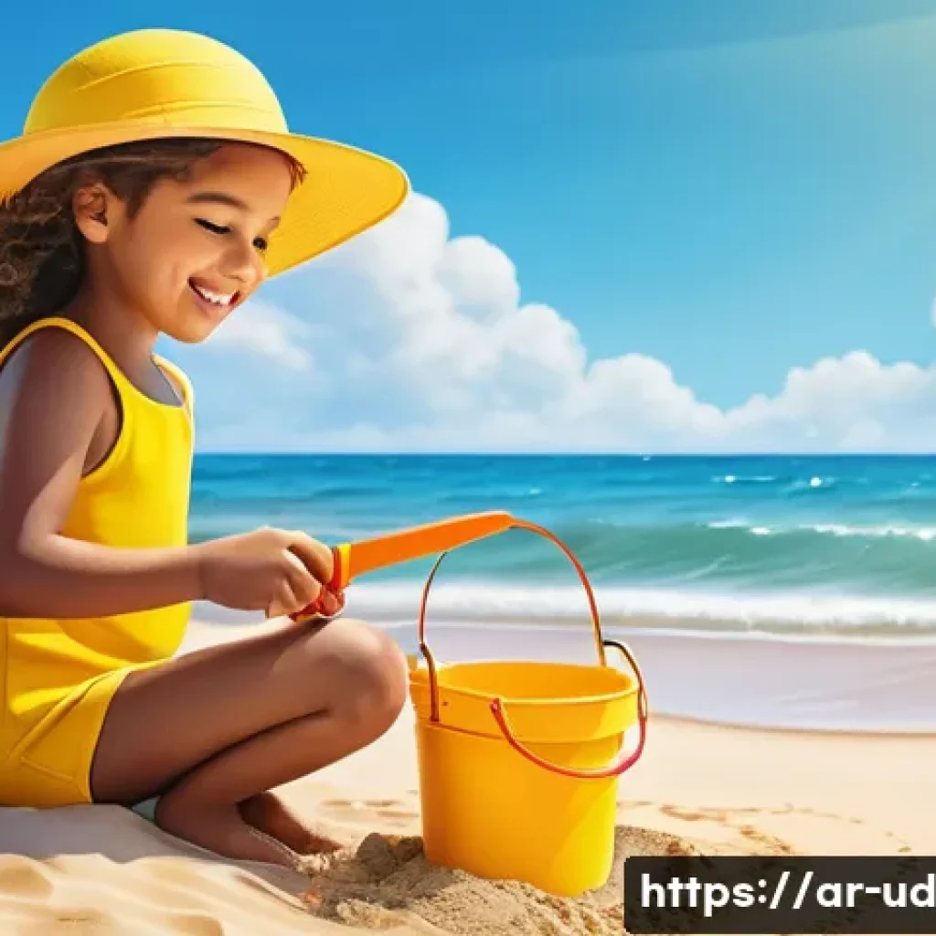 긍정심리학을 통한 개인적 성장의 여정 - **A young girl (approximately 7 years old) is sitting on a sandy beach, wearing a bright yellow swim...