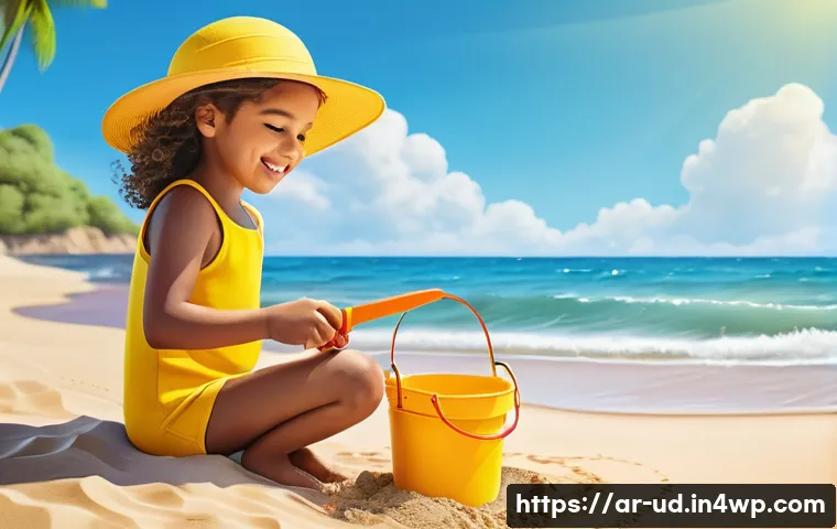 긍정심리학을 통한 개인적 성장의 여정 - **A young girl (approximately 7 years old) is sitting on a sandy beach, wearing a bright yellow swim...