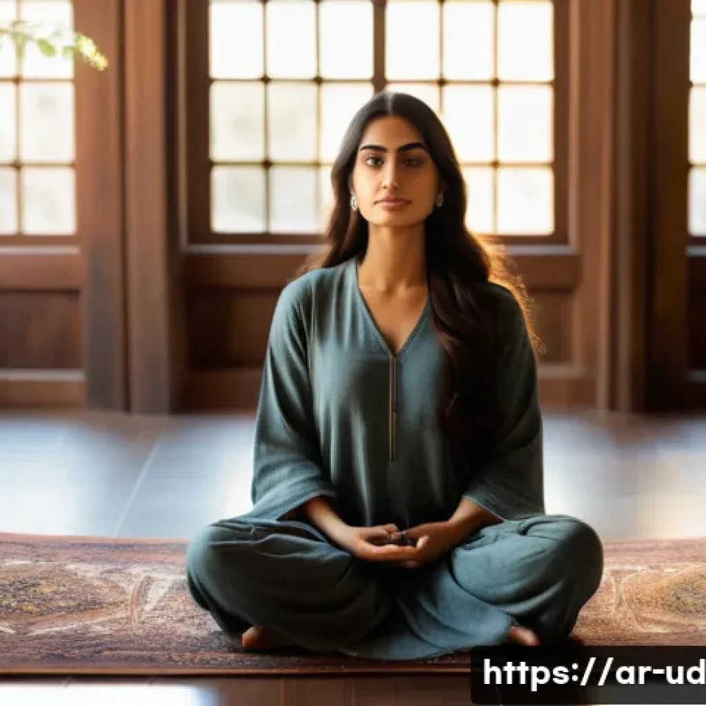 긍정심리학의 기법을 통한 진정한 행복 찾기 - A serene Middle Eastern woman sitting peacefully on a traditional patterned Persian rug in a sunlit ...