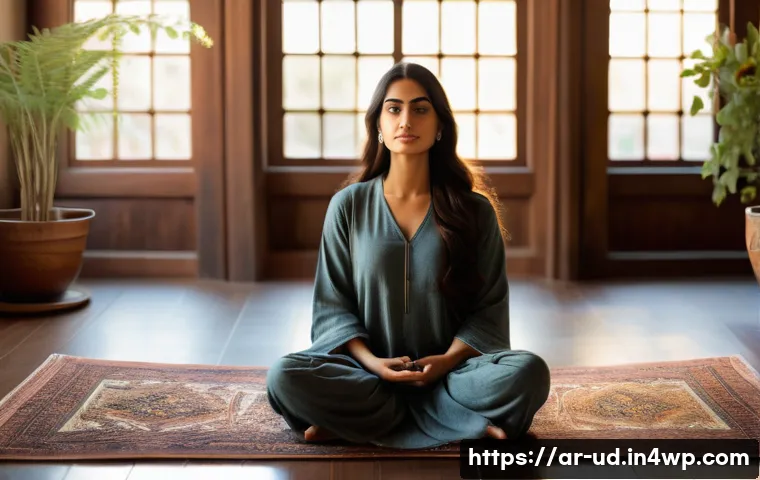 긍정심리학의 기법을 통한 진정한 행복 찾기 - A serene Middle Eastern woman sitting peacefully on a traditional patterned Persian rug in a sunlit ...