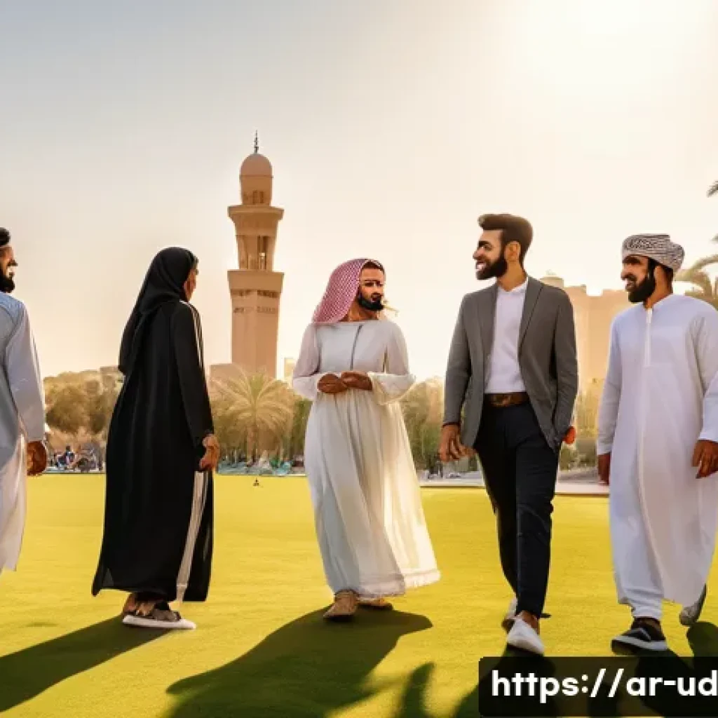 긍정심리학적 접근을 통한 사회적 통합 - A vibrant community gathering in a Middle Eastern urban park during late afternoon, featuring divers...