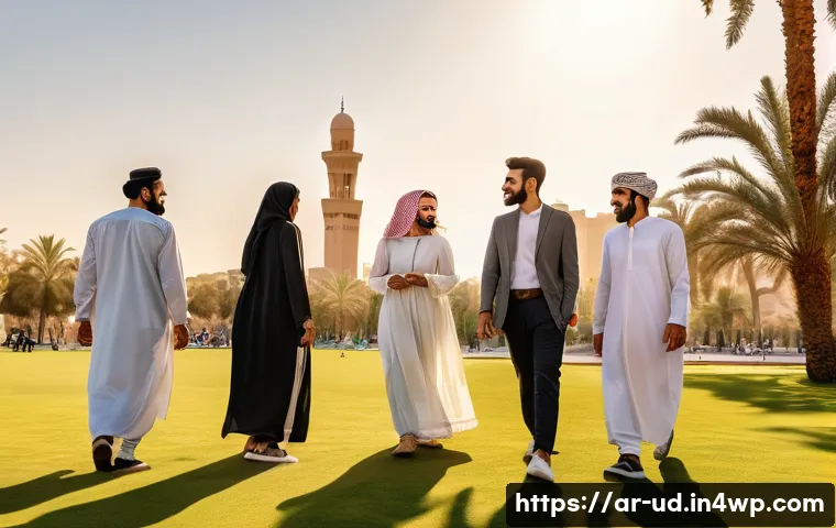 긍정심리학적 접근을 통한 사회적 통합 - A vibrant community gathering in a Middle Eastern urban park during late afternoon, featuring divers...