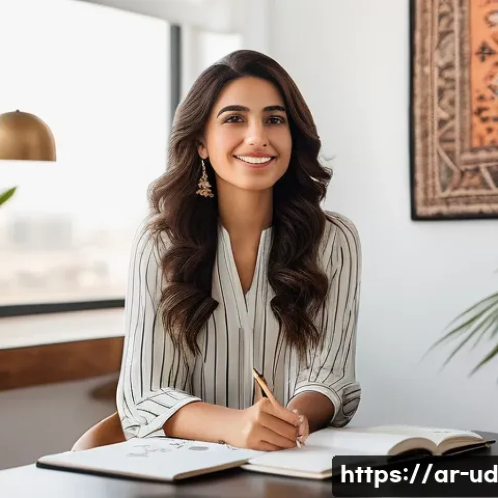 긍정심리학의 주요 개념인 저항력 - A serene Middle Eastern woman in modest professional attire sits peacefully in a modern home office ...
