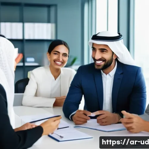 긍정심리학적 접근을 통한 신뢰 구축 - A diverse group of Arab professionals in a modern office setting, engaging in a warm and optimistic ...