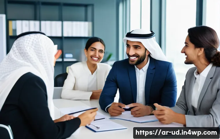 긍정심리학적 접근을 통한 신뢰 구축 - A diverse group of Arab professionals in a modern office setting, engaging in a warm and optimistic ...