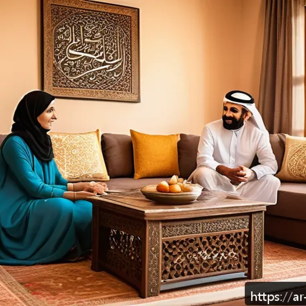 긍정심리학의 미래 전망 - A warm, inviting scene of a diverse Middle Eastern family gathered in a cozy living room decorated w...