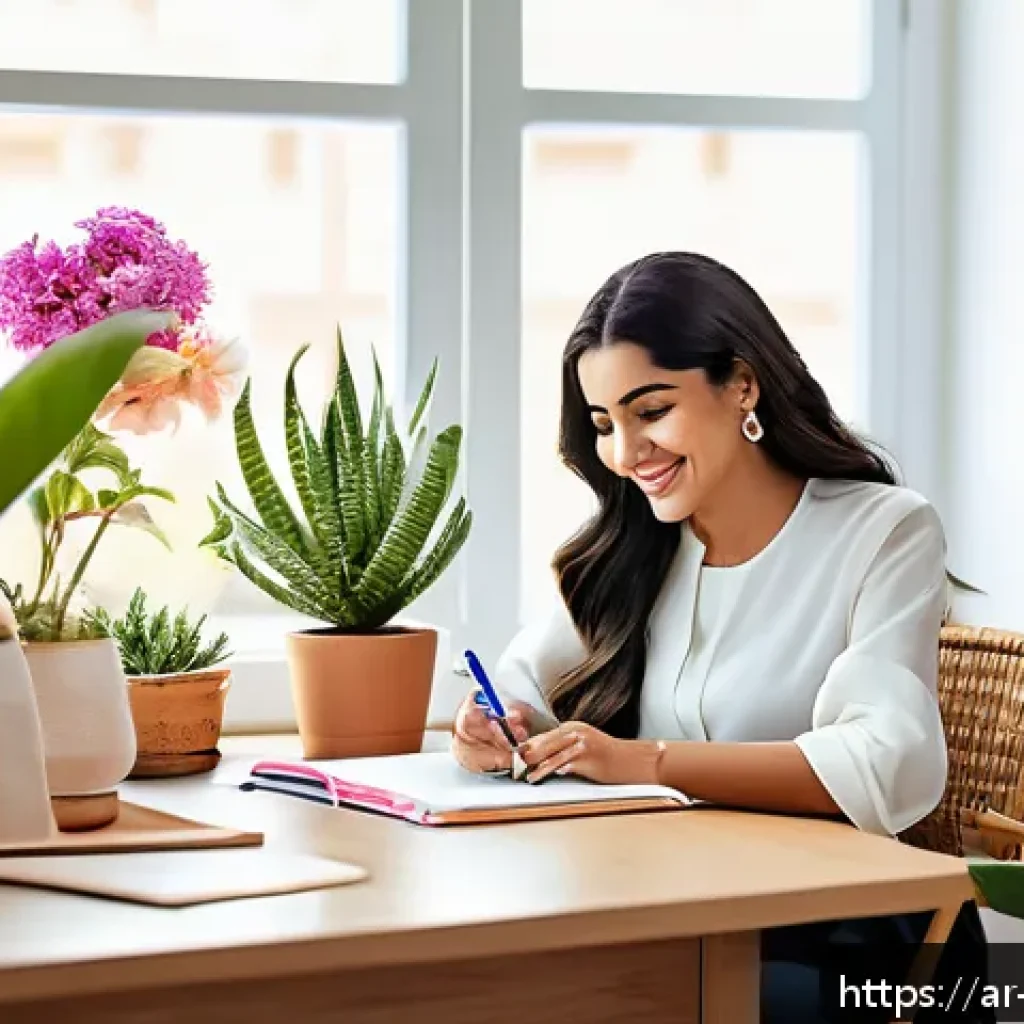 긍정심리학을 통한 창의성 증진 - A vibrant, modern Arab home office bathed in warm natural light, featuring a stylish desk with color...