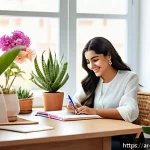 긍정심리학을 통한 창의성 증진 - A vibrant, modern Arab home office bathed in warm natural light, featuring a stylish desk with color...