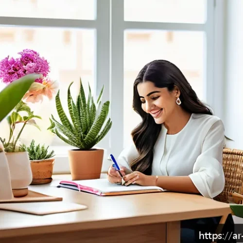 긍정심리학을 통한 창의성 증진 - A vibrant, modern Arab home office bathed in warm natural light, featuring a stylish desk with color...