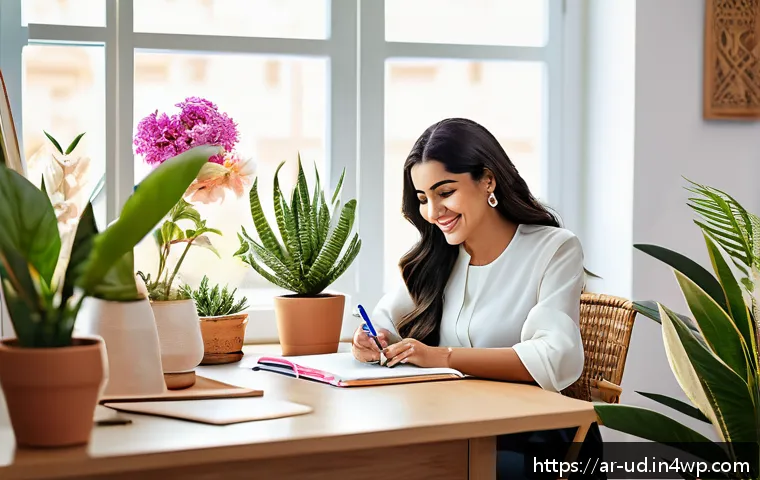 긍정심리학을 통한 창의성 증진 - A vibrant, modern Arab home office bathed in warm natural light, featuring a stylish desk with color...